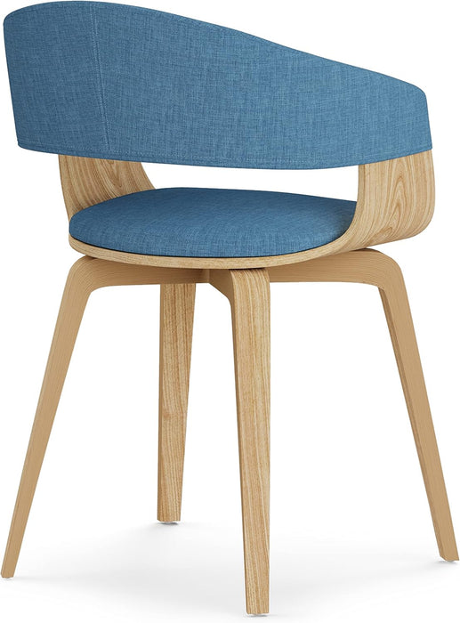 Lowell 17 Inch Mid Century Modern Bentwood Dining Chair with Light Wood in Blue Polyester Linen, for the Dining Room