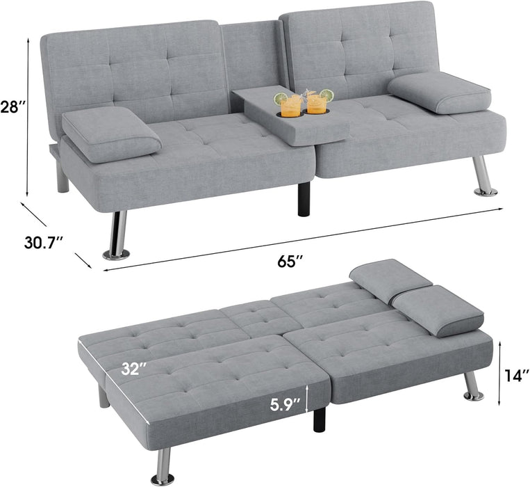 Futon Sofa Bed Modern Folding Futon Set Linen Fabric Convertible Recliner Lounge for Living Room with 2 Cup Holders, Removable Armrests (Fabric, Light Grey)