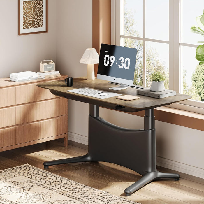 Electric Standing Desk 55X28 Inch, Wobble-Free Dual Motor Sit Stand up Home Office Computer Desk, One Piece Motorized Workstation Gamer Studio Table, Outlets & Footrest,Walnut Black