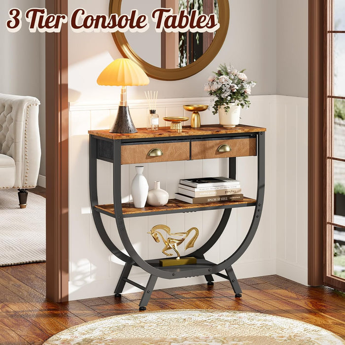 Console Entryway Table with 2 Drawers, 31.5" Height Sofa Table behind Couch with 3 Tier Storage Shelves，Industrial TV Stand Accent Furniture for Hallway Corner Living Room Bedroom Entry Way Home Decor