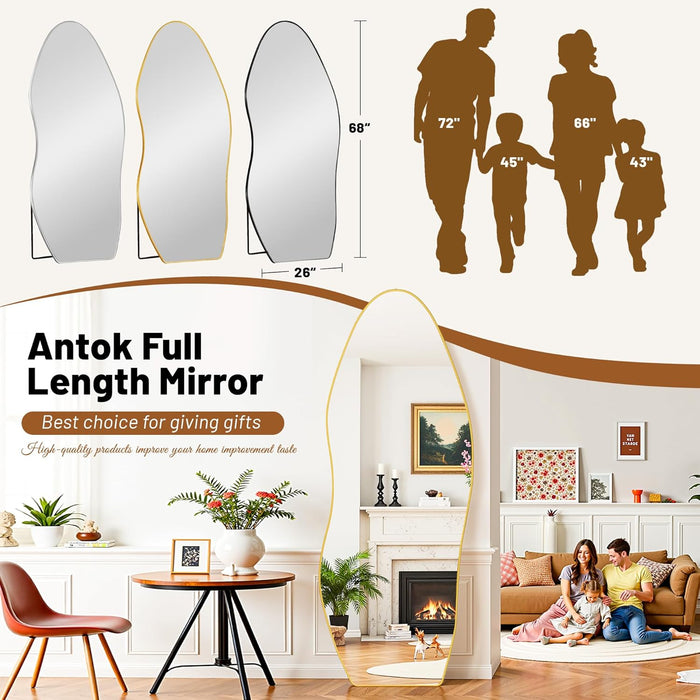 Full Length Mirror, 68"X26" Floor Mirror with Stand, Standing Hanging Leaning Irregular Mirrors for Bedroom Living Room Entryway, Wavy Shaped, Golden
