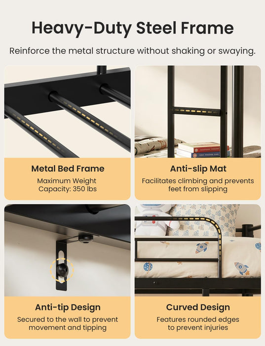 Black FullOverFull Metal BunkBed DetachableRails HeavyDuty
