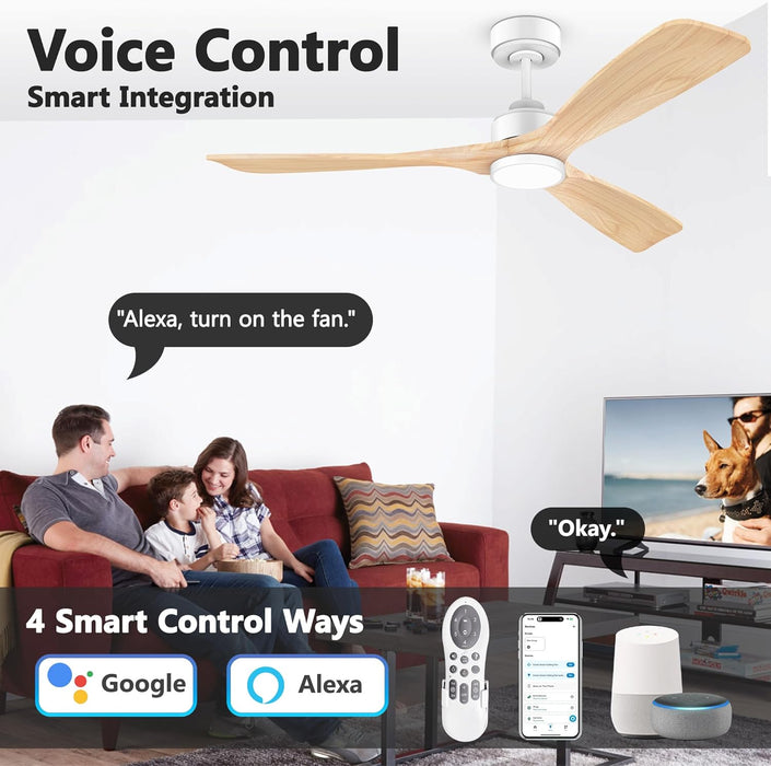52 Inch Wood Smart Ceiling Fans with Lights Remote,Voice Control via WIFI Alexa App,Quiet DC Motor,Outdoor Indoor Ceiling Fan,Dimmable,Modern Light Wood Lighting & Fan for Bedroom Patio Porch