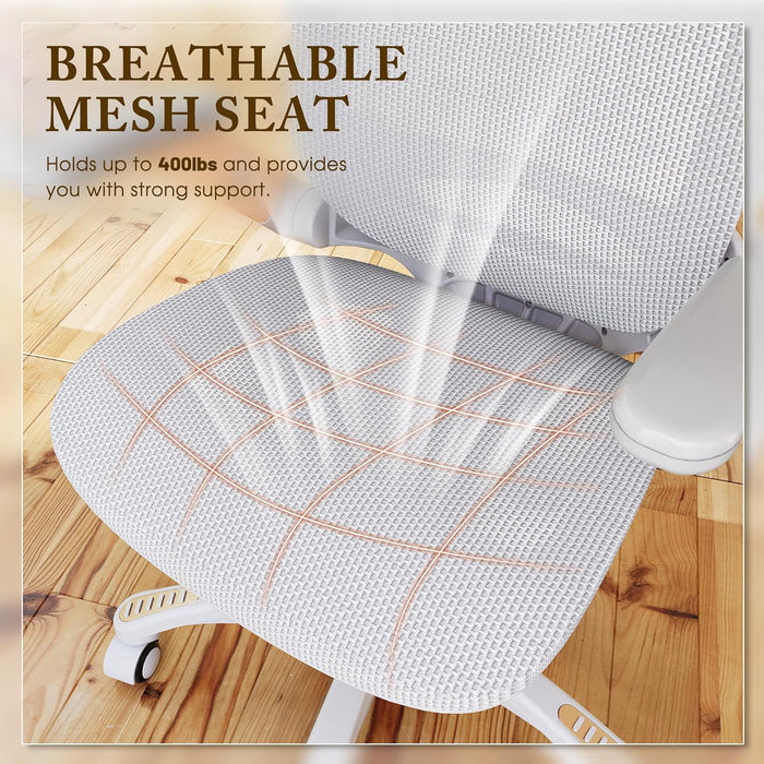 Ergonomic Office Chair, High Back Home Desk Chair with Flip-Up Arms, Headrest, 90-120° Tilt and Wide Cushion, 400LBS White Mesh Chair for Work Gaming Study (GY01-NT, Woodgrain Pattern)