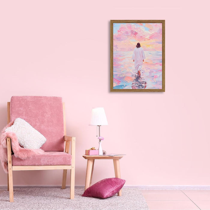 Pink Jesus Walking on Water Wall Art, Frame 3D Textured Hand Drawn Sandstone Christian Wall Decor Paintings Religious Savior Pictures for Living Prayer Room Bedroom, 12X16 in Wood Framed