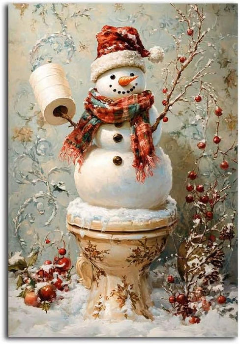 Christmas Wall Art Snowman Wall Decor Snowman on the Toilet Christmas Pictures Home Decorations Winter Scene Painting Farmhouse Poster Living Room Wall Art Canvas Prints Canvas Roll 16X24 Inch