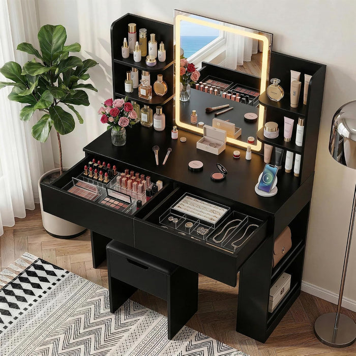 Vanity Desk with Mirror and LED Lights, Makeup Vanity Table with 3 Lighting Color, Adjustable Brightness, Vanity Table with 2 Drawers, Side Storage, for Bedroom (Black, with Bench)
