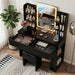 Vanity Desk with Mirror and LED Lights, Makeup Vanity Table with 3 Lighting Color, Adjustable Brightness, Vanity Table with 2 Drawers, Side Storage, for Bedroom (Black, with Bench)
