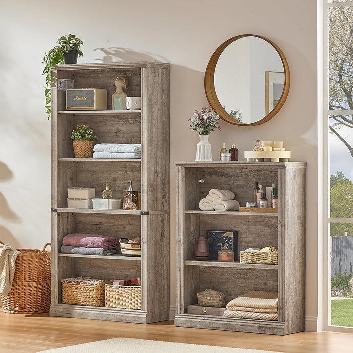 70" Grey Tall Bookcase, 5 Tier Wooden Standing Farmhouse Bookshelf