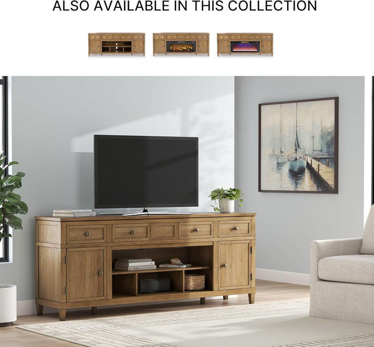 Sharlance Farmhouse 81" TV Stand for Tvs up to 93" with Adjustable Shelves and Wire Management, Light Brown