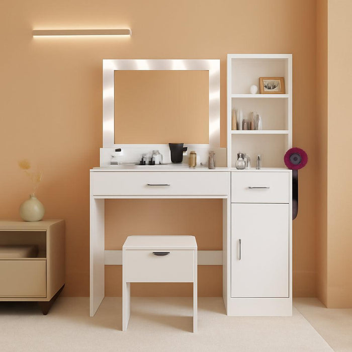 Vanity Desk with Mirror and Lights, 39.2"W X 15.5"D X 57.1"H White Makeup Vanity with Charging Station, Dressing Table with Storage Chair Set, 3 Lighting Modes Adjustable Brightness for Bedroom