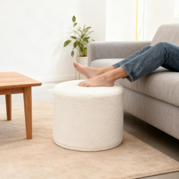 Round Ottoman Foot Rest and Boucle Pouf - High Density Sponge Filling - 17"X17"X14" Footstool for Couch Living Room - Lightweight Comfort and Charm Floor Pouf Footrest Cushion - White
