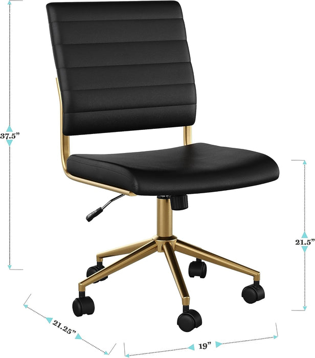 Ivy Armless Swivel Task Chair for Home Office in Black Faux Leather with Polished Brass Frame