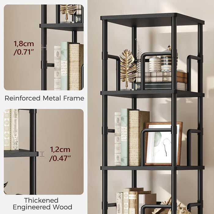 5-Tier Rotating Bookshelf, Freestanding Corner Bookshelf, 360° Spinning Bookcase, Industrial Style Storage Rack with Rails, for Living Room, Bedroom, Study, Black BKBK1601