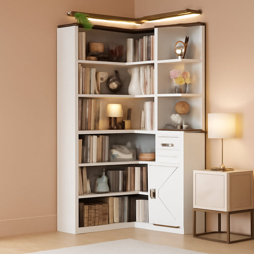 74'' Tall Corner Bookshelf - 6-Tier Book Shelf with Drawer and Cabinets, L-Shaped Bookcase Open Storage Shelves Modern Display Shelf for Home, Office
