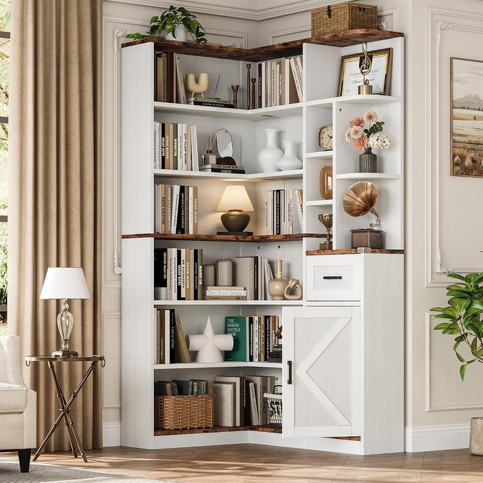 74'' Tall Corner Bookshelf - 6-Tier Book Shelf with Drawer and Cabinets, L-Shaped Bookcase Open Storage Shelves Modern Display Shelf for Home, Office