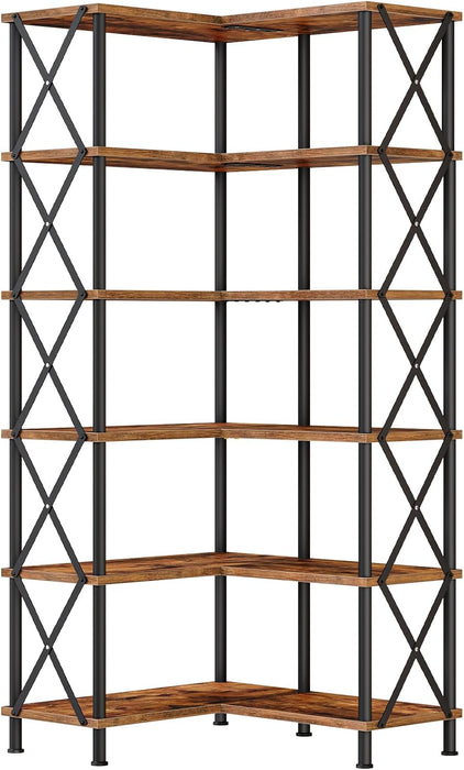 Corner Bookshelf, 6-Tier L-Shaped Bookcase, Industrial Open Display Shelf Tall Storage Organizer, Vertical Storage Rack, for Living Room, Home Office, Rustic Brown and Black BF61SJ01