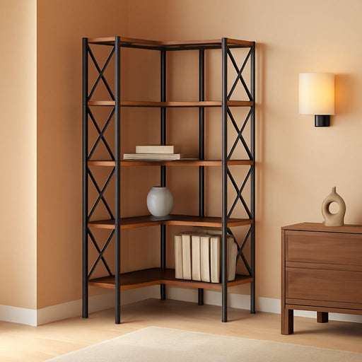 Corner Bookshelf, 6-Tier L-Shaped Bookcase, Industrial Open Display Shelf Tall Storage Organizer, Vertical Storage Rack, for Living Room, Home Office, Rustic Brown and Black BF61SJ01
