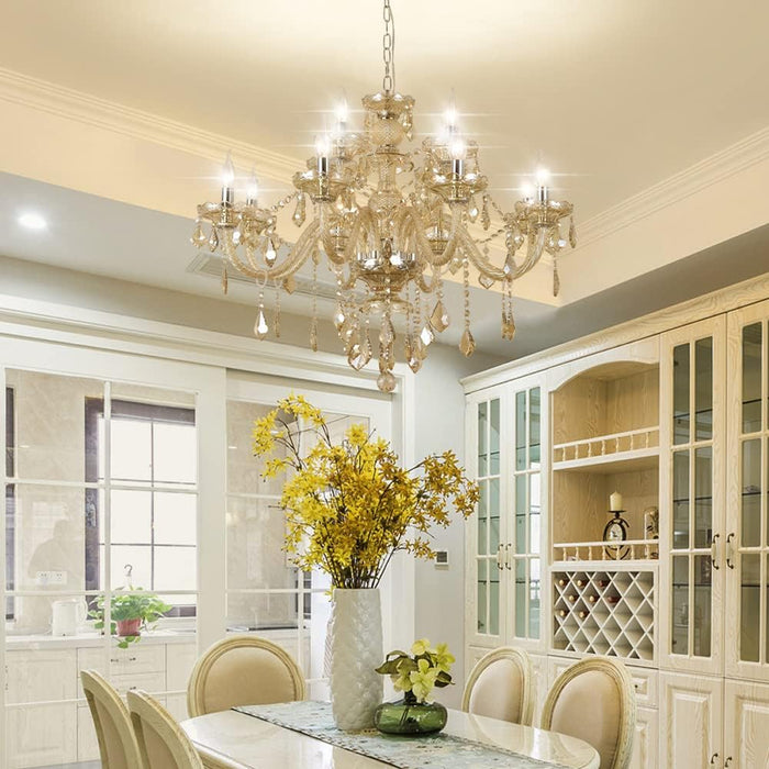 Modern Luxury K9 Crystal Chandelier, 12-Light Cognac Crystal Pendant Light,Candle Style Crystal Lamp Lighting Fixture for Dining Room,Hotels, Hall Way, Bars, Restaurants (12 Lights)