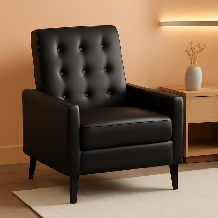 Ezra Pushback Recliner - Mid-Century Modern Black Leathersoft Upholstery - Button Tufted Back - Residential & Commercial Use