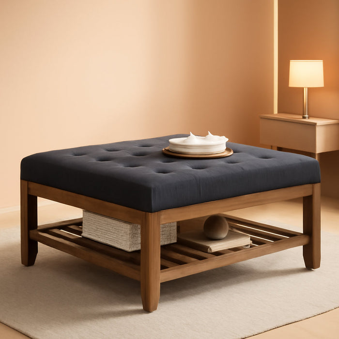 Large Square Upholstered Tufted Linen Ottoman Coffee Table, Large Footrest Ottoman with Solid Wood Shelf- Charcoal