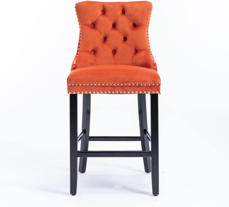Velvet Upholstered Wingback Bar Stools Set of 2, Button Tufted Counter Height Bar Stool Chairs with Nailhead Trim&Handle Ring, Padded Kitchen Island Barstools W/Solid Wood Frame, Orange