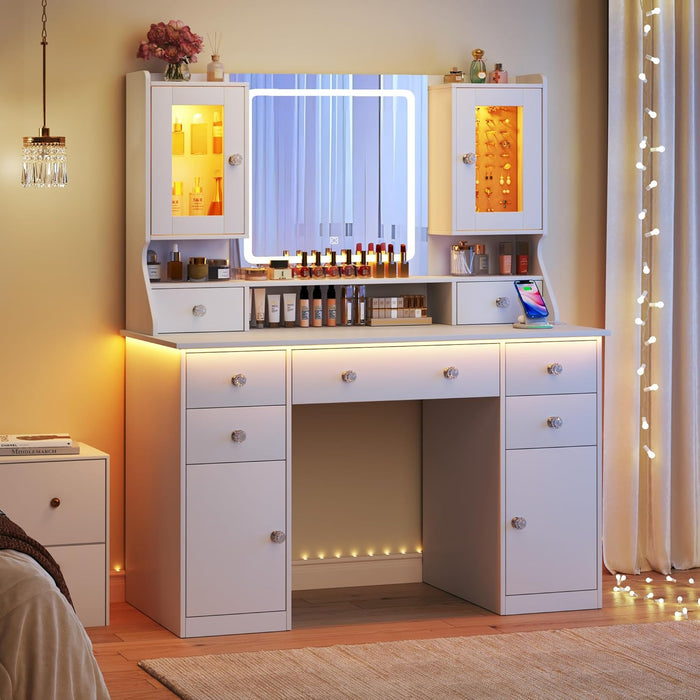 Vanity Desk with Mirror & Lights, 42‘’ Large Makeup Vanity with 2 RGB Jewelry Cabinets & 7 Drawers, White Vanity Table Set with Charging Station, Dressing Table with Lights Desk, 3 Light Modes