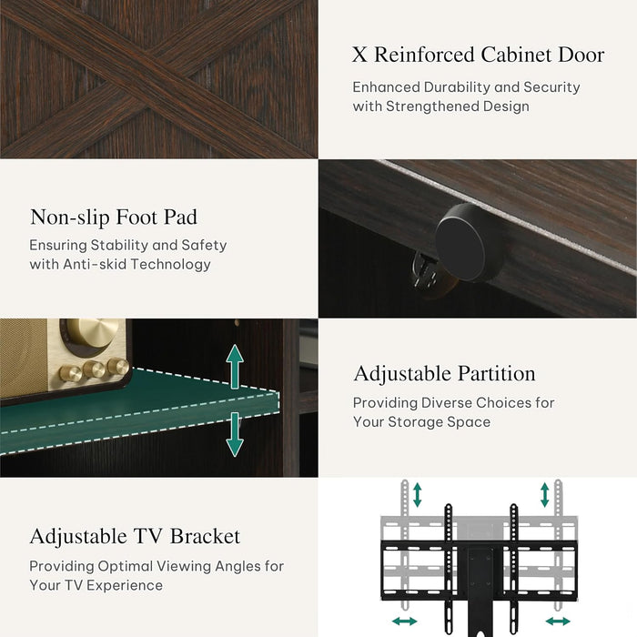 Farmhouse TV Stand with Mount, Sturdy TV Stand Mount for 32/45/55/60/65/70 Inch Tvs, Entertainment Center with Adjustable Shelf, TV Cabinet Media Console for Living Room, Espresso