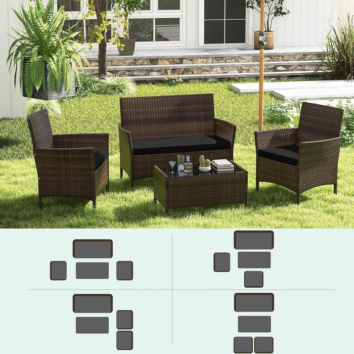 4-Piece Patio Furniture Set - Rattan Outdoor Conversation Bistro Set W/Cushions, Glass Coffee Table, Wicker Chairs & Loveseat for Garden Backyard Porch, Balcony Furniture Set (1, Black)