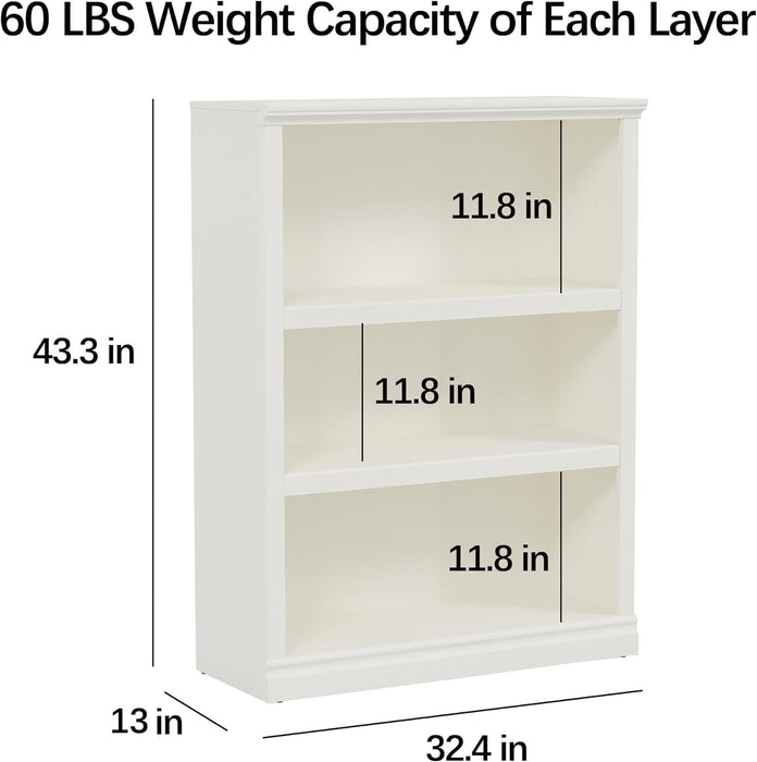 43 Inch Tall Bookcase, White 3-Tier Shelves Bookshelf Open Storage