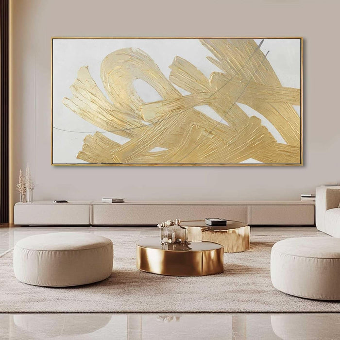 White and Gold Wall Painting Neutral Wall Decor Modern Abstract Wall Art Minimalist Art 29"X58" Artwork for Living Room Kitchen Dining Room