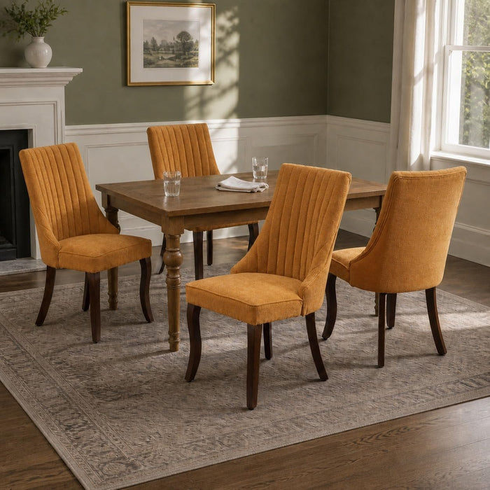 Upholstered Dining Chairs Set of 6, Gold Fabric, Curved Brown Wood Legs