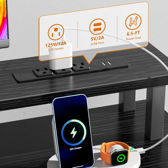 Black Computer Desk with 4 Drawers, 60" Long Office Desk with Fabric File Cabinet and Power Outlets, Gaming Desk with LED Lights, Study Writing Work Desk for Home Office