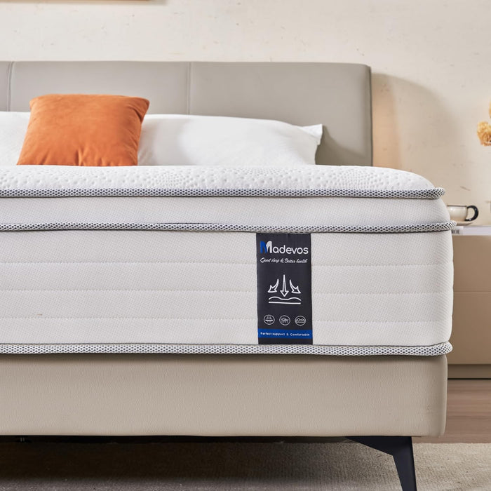 Queen Mattress, 14 Inch Hybrid Mattress in a Box, Memory Foam and Individual Pocket Springs, Fiberglass Free, Soft and Breathable, Medium Firm Feel