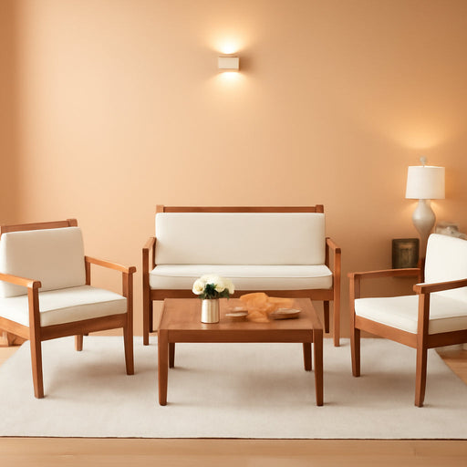 4 Piece Patio Bistro Set Patio Furniture Outdoor Chat Table Chair Set with Water Resistant Cushions and Coffee Table for Beach Backyard Garden,Acacia Wood