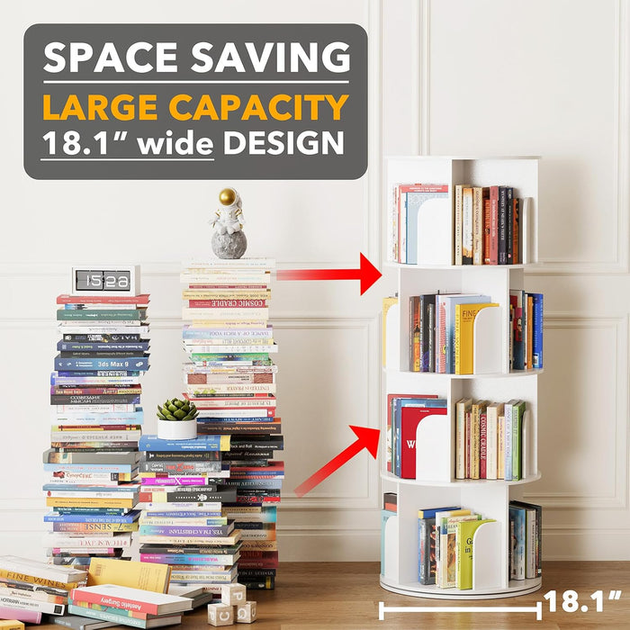 Cross Style 4 Tier Rotating Bookshelf, Spinning 360 Bookcase Lazy Susan Tower, Vertical Revolving Books Shelf Storage round Carousel Space Saving Organizer, White