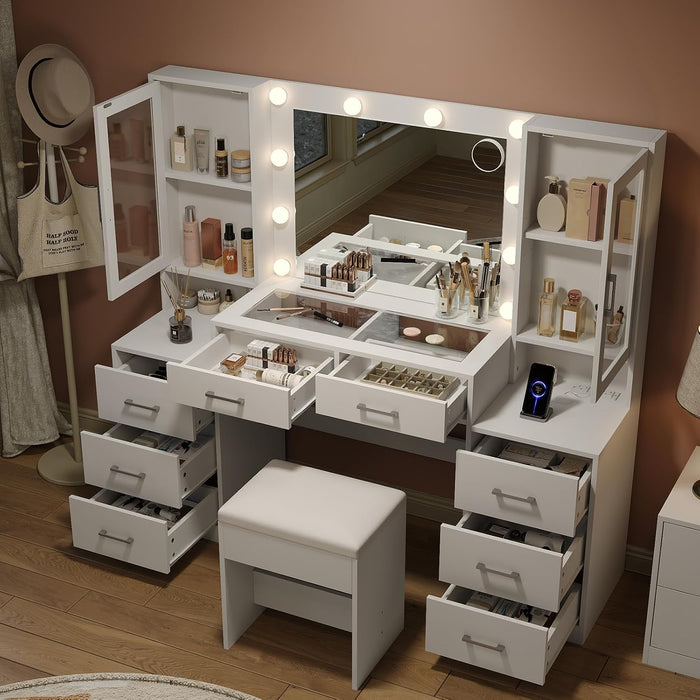 59'' W Large Makeup Vanity Desk with Mirror and Lights, White Vanity with Power Outlet, 8 Drawers & 2 Cabinets, 3 Lighting Modes Brightness Adjustable, Glass Top Vanity with Chair for Bedroom