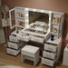 59'' W Large Makeup Vanity Desk with Mirror and Lights, White Vanity with Power Outlet, 8 Drawers & 2 Cabinets, 3 Lighting Modes Brightness Adjustable, Glass Top Vanity with Chair for Bedroom