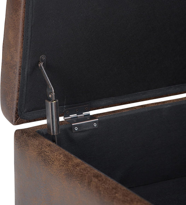 Owen 34 Inch Wide Mid Century Modern Rectangle Coffee Table Storage Ottoman in Distressed Chestnut Brown Vegan Faux Leather, Assembled, for the Living Room, Entryway and Family Room