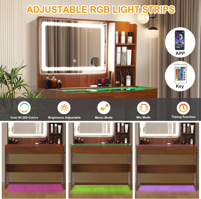 Illuminated LED Vanity Desk Glass Surface StorageDrawers