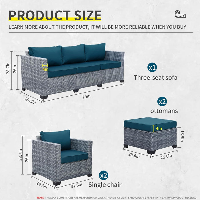 5-Piece Patio Furniture Set, Outdoor Conversation Set with PE Wicker Couch, Chairs, and Ottomans, All-Weather Grey Rattan with Anti-Slip Cushions for Backyard, Balcony, and Deck, Peacock Blue