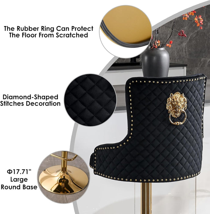 Velvet Gold Bar Stools Set of 2 Modern Counter Height Bar Stools with Lion Pull Ring Tufted Back, Nailhead Upholstered Barstools for Home Kitchen Island, Swivel Adjustable Stool Chair in Black