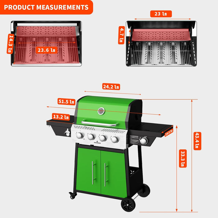 4-Burner Propane Gas BBQ Grill with Side Burner, 50,000 BTU Output Barbecue Grill with Stainless Steel Grates and Side Tables for Outdoor Cooking Kitchen, Patio and Backyard, Green