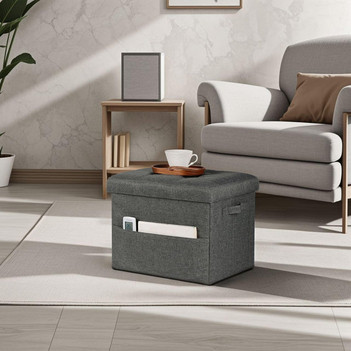 Storage Ottoman Foot Rest, Folding Linen Cotton Ottoman with Storage with Side Pockets and Handle, Foot Stool for Lounge, Study Corner, Home Office, 17X17X13 Inches, Dark Gray