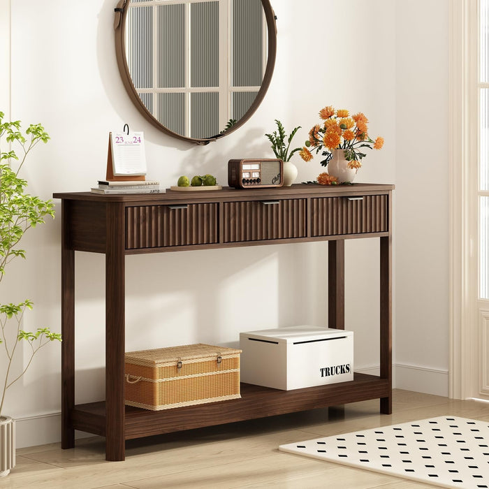 Fluted Wood Console Table with 3 Drawers, Boho Narrow behind Couch Entryway Table with Open Storage Shelf, Modern Sofa Table for Living Room, Foyer and Hallway (Dark Walnut)