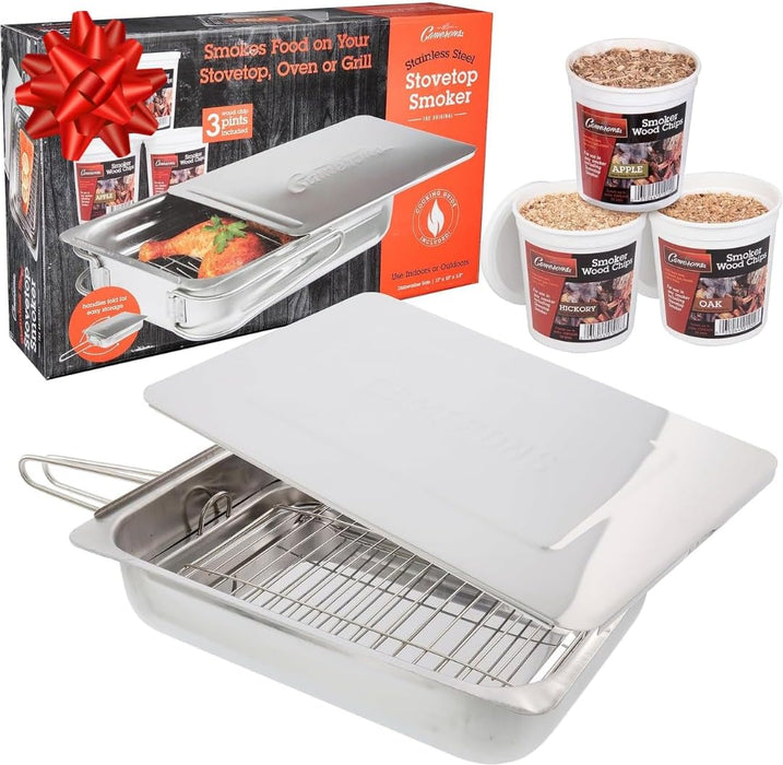 Original Stovetop Smoker - Smoker Box Gift Set W/Oak, Apple, Hickory Wood Chips & Recipes- Indoor Outdoor Use on Any Heat for Smoking Meats, Veggies & Seafood - Grilling Gift for Father'S Day