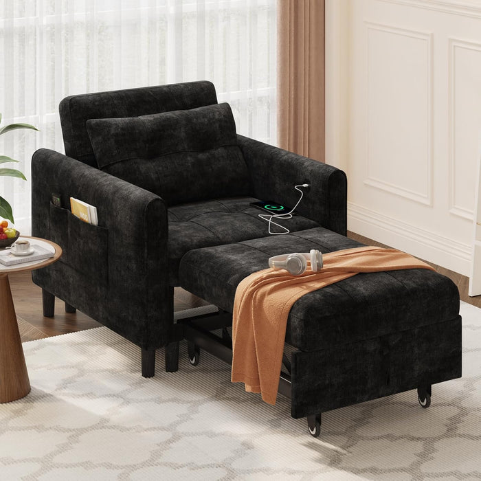 Black Upholstered Sleeper Chair Pull Out Bed For Small Rooms