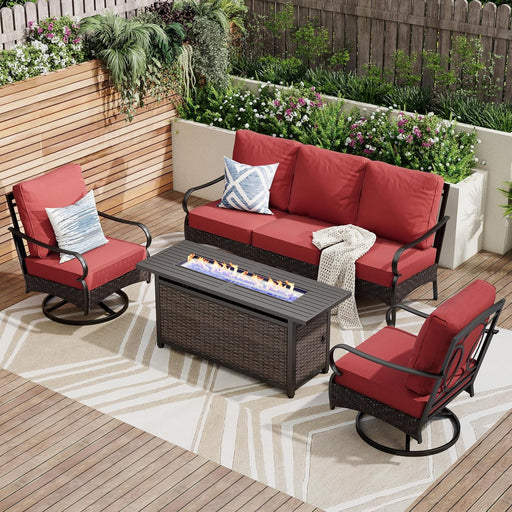 Patio Furniture Set with 56" Fire Pit Table, Premium Outdoor Wicker Metal Frame Furniture with Upgraded Waterproof Thick Cushions for Porch, Poolside, Deck, and Yard （4 Pieces,Red