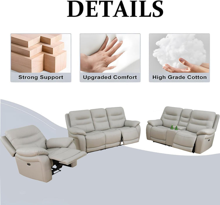 Genuine Leather Recliner Couch Set, Power Reclining Sofa Set 3 Pieces Top Grain Leather Sofa with Built in USB Port for Living Room(Light Grey) (Sofa+Loveseat+Chair)