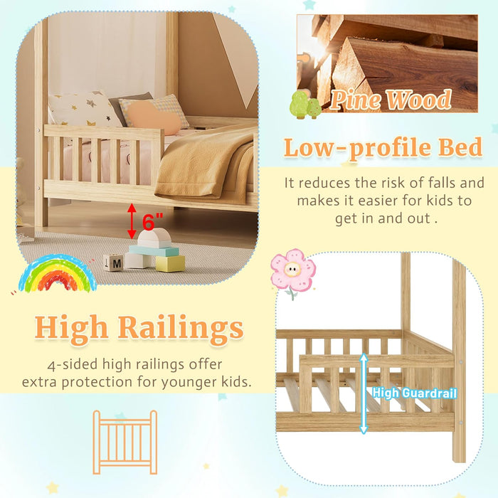 Full Montessori Floor Bed With Canopy NaturalWalnut